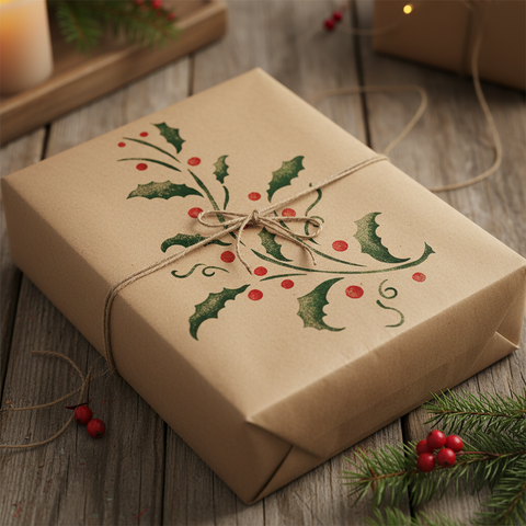 Gift box wrapped in brown paper with holly design on a wooden surface.