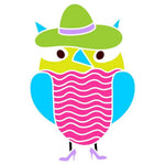 Owl Wall Stencil Yellow and Pink with Green Hat