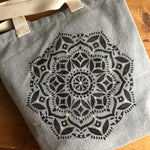 Karma Manadala Stencil on a Canvas Bag
