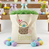 Easter Basket Wall Stencil painted onto a tote bag with an Easter background.
