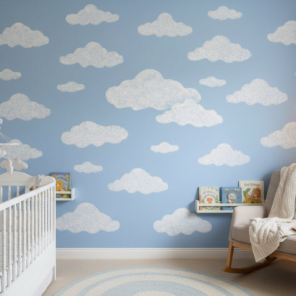 Clouds stencil painted on a nursery wall