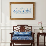 Blue Willow Stencil applied to a blank canvas, framed with a gold ornate frame surround by asian style furniture.