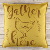 Gather Here Farmhouse Wall Stencil on a pillow. Pillow Stencils