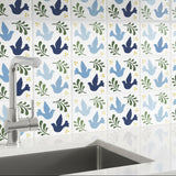 Talavera Tulip Flower Wall Stencil painted onto a tile backsplash