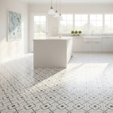 Simple Ibiza Wall Stencil applied to a white kitchen floor.