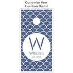 Scales Designer Monogram and Name Cornhole Board Stencil can be customized with your Monogram, Last Name and est. year!