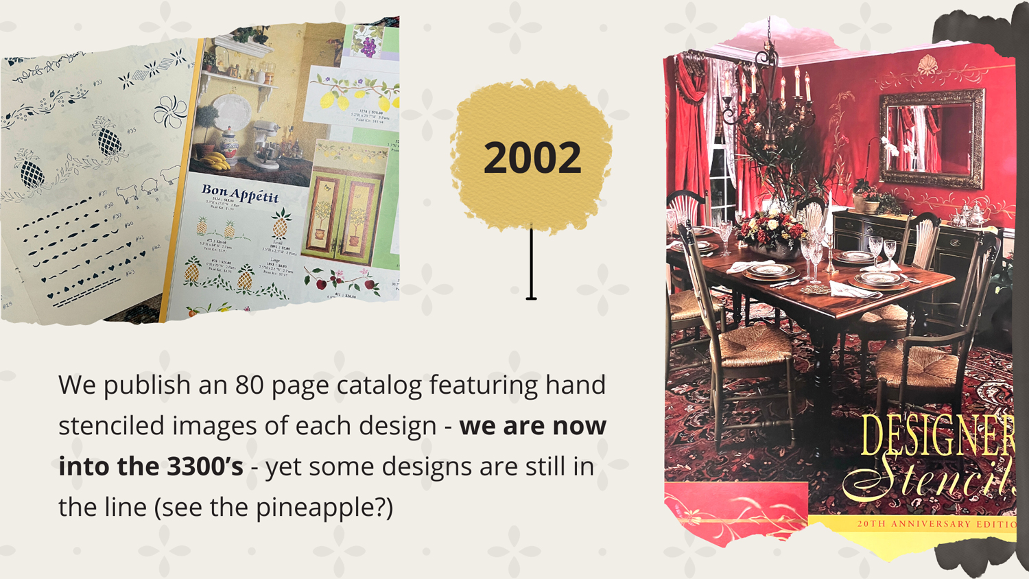 2002 - We publish an 80 page catalog featuring hand stenciled images of each design - we are now into the 3300’s - yet some designs are still in the line (see the pineapple?)