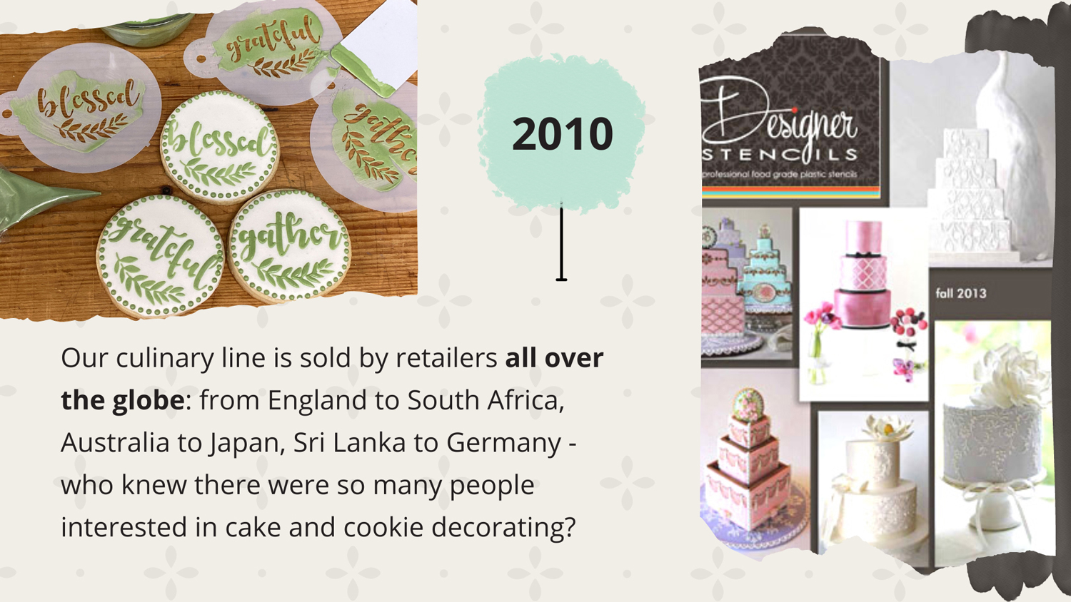 2010 - Our culinary line is sold by retailers all over the globe: from England to South Africa, Australia to Japan, Sri Lanka to Germany - who knew there were so many people interested in cake and cookie decorating?