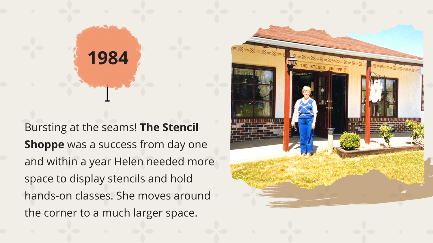 1984 - Bursting at the seams! The Stencil Shoppe was a success from day one and so within a year Helen needed more space to display stencils and hold hands-on classes. She moves around the corner to a much larger space. 